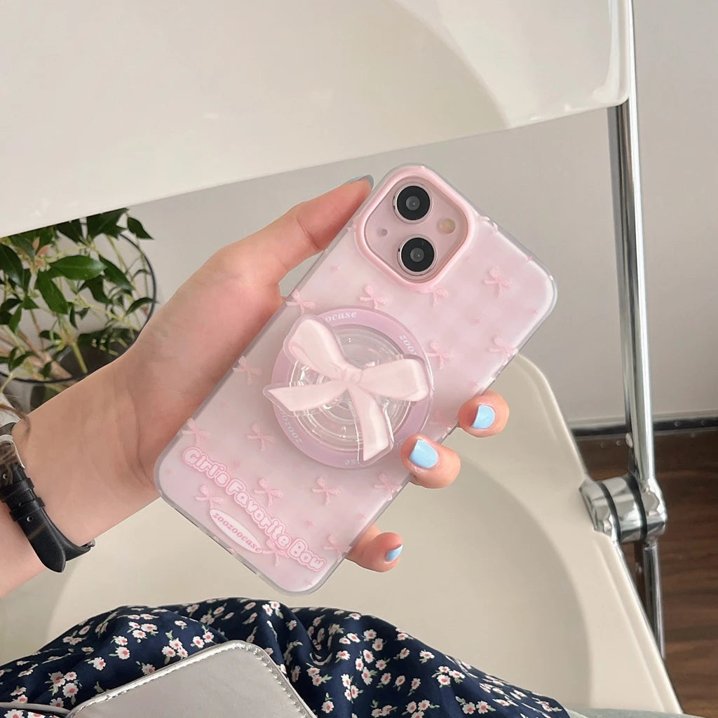 Ins Full Screen Pink Plaid Matte Bowknot Holder Magnetic Wireless Charging Cover Case For iPhone 16 15 14 13 12 Pro Max