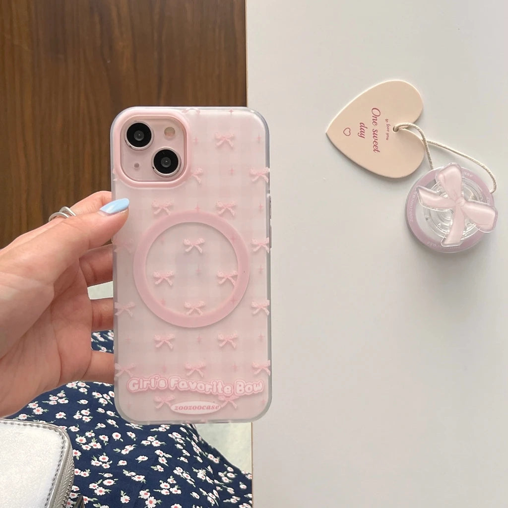 Ins Full Screen Pink Plaid Matte Bowknot Holder Magnetic Wireless Charging Cover Case For iPhone 16 15 14 13 12 Pro Max