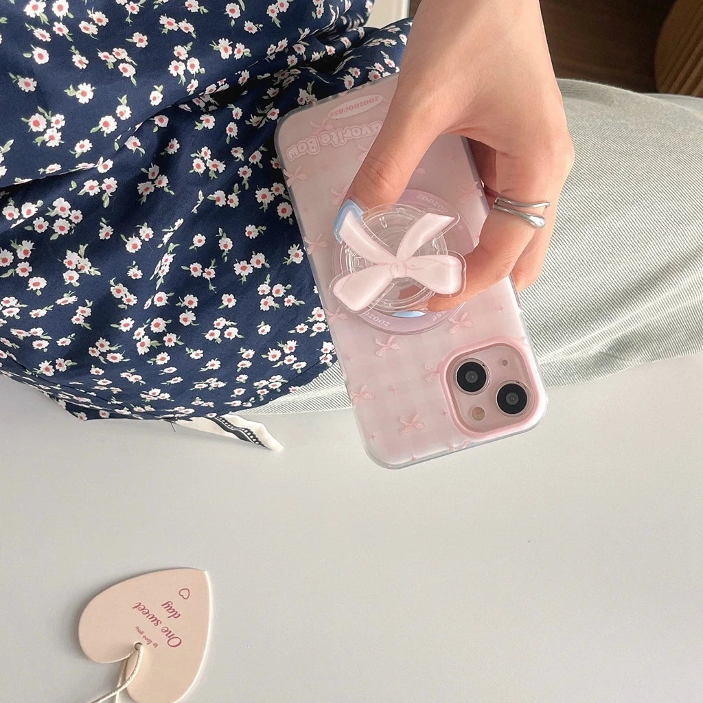 Ins Full Screen Pink Plaid Matte Bowknot Holder Magnetic Wireless Charging Cover Case For iPhone 16 15 14 13 12 Pro Max