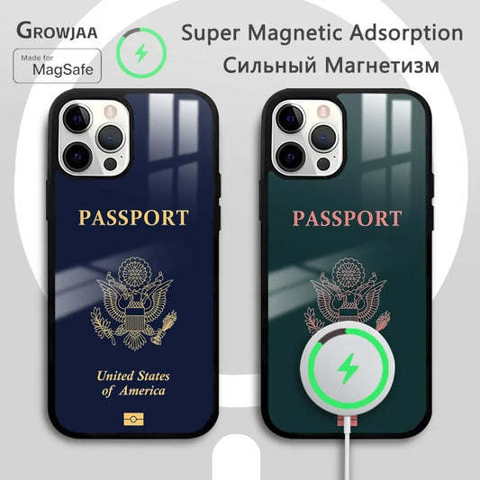 United States passport Pattern Phone Case For iPhone 16 15 14 13 12 11 Pro Max Plus Mini Magsafe Mirror Wireless Magnetic Funda