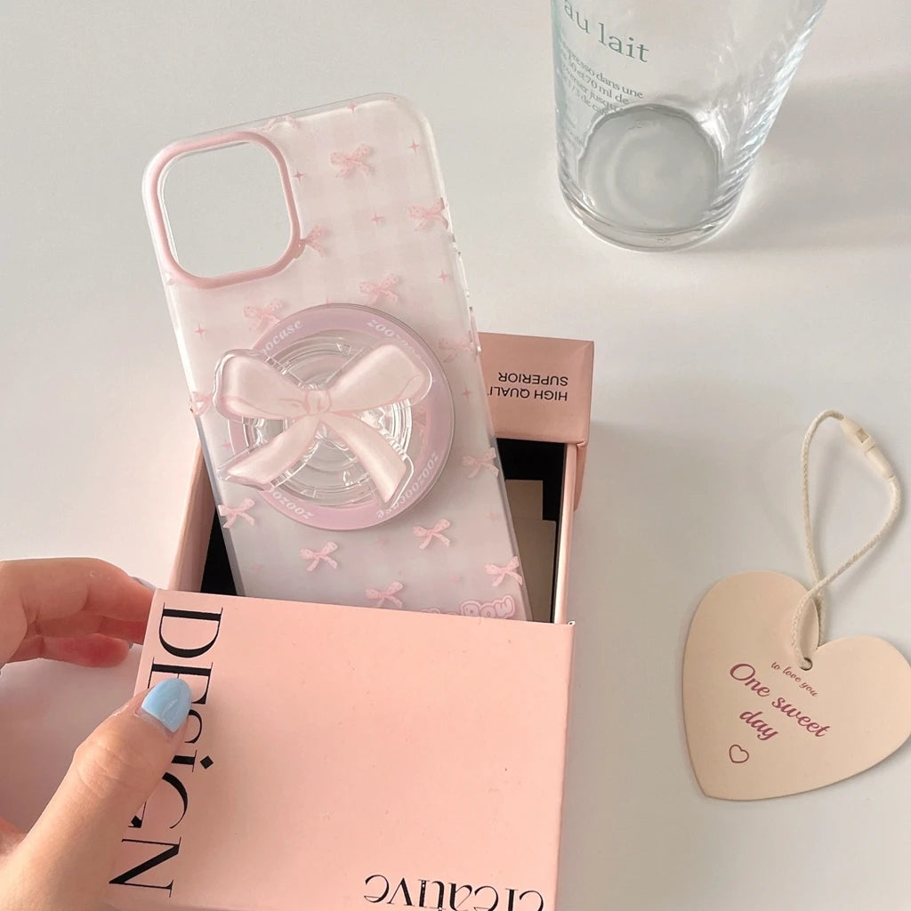 Ins Full Screen Pink Plaid Matte Bowknot Holder Magnetic Wireless Charging Cover Case For iPhone 16 15 14 13 12 Pro Max