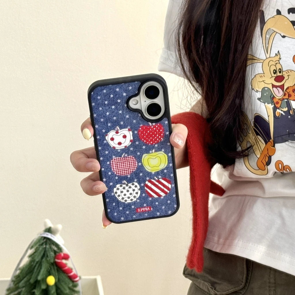 Funny Cartoon Fruit Pattern Stars Denim Matte Shockproof Protective Phone Cover Case for iPhone 16 15 14 13 Pro Max