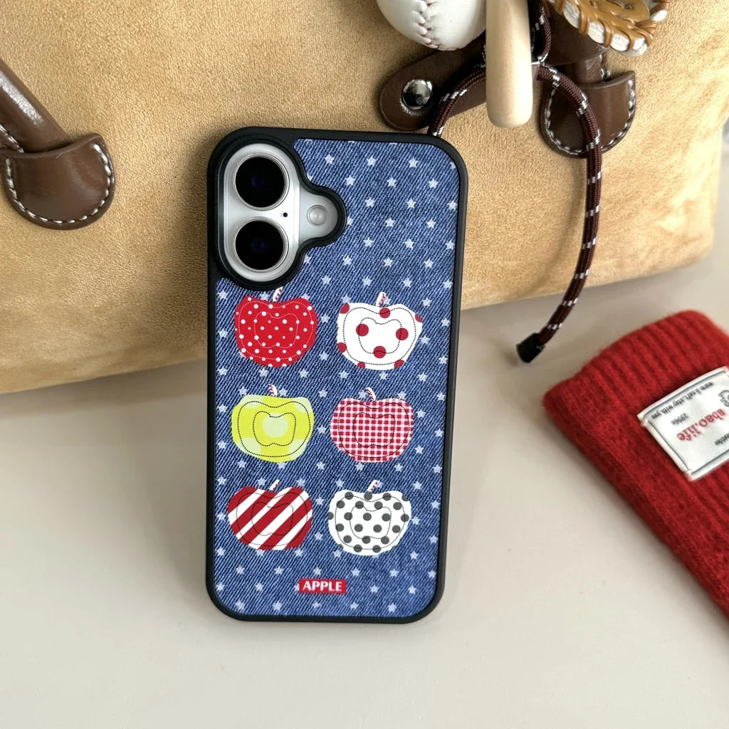 Funny Cartoon Fruit Pattern Stars Denim Matte Shockproof Protective Phone Cover Case for iPhone 16 15 14 13 Pro Max