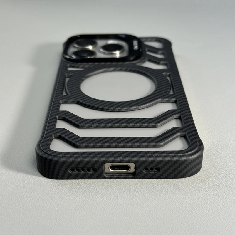 Carbon Fibre Borderless MagSafe Phone Case for iPhone 16 15 16pro max 13 14 Pro 12 Wireless Charging Lens KickStand Holder Cover