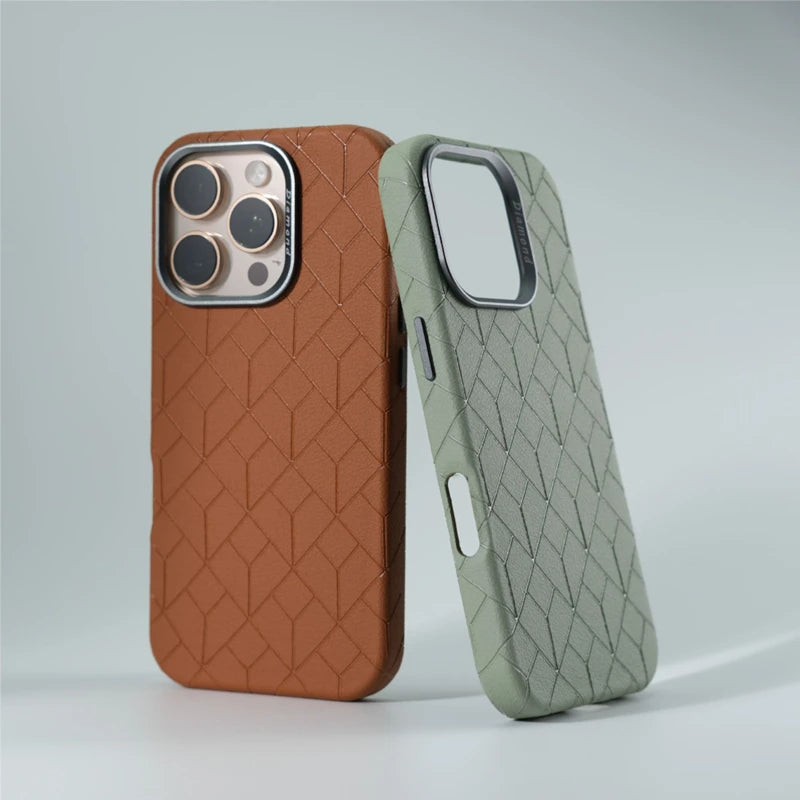 Geometric Lattices Wireless Charging MagSafe Phone Case For iPhone 16 16pro max 14 15 pro 13 12 Alloy Lens PU Leather Hard Cover