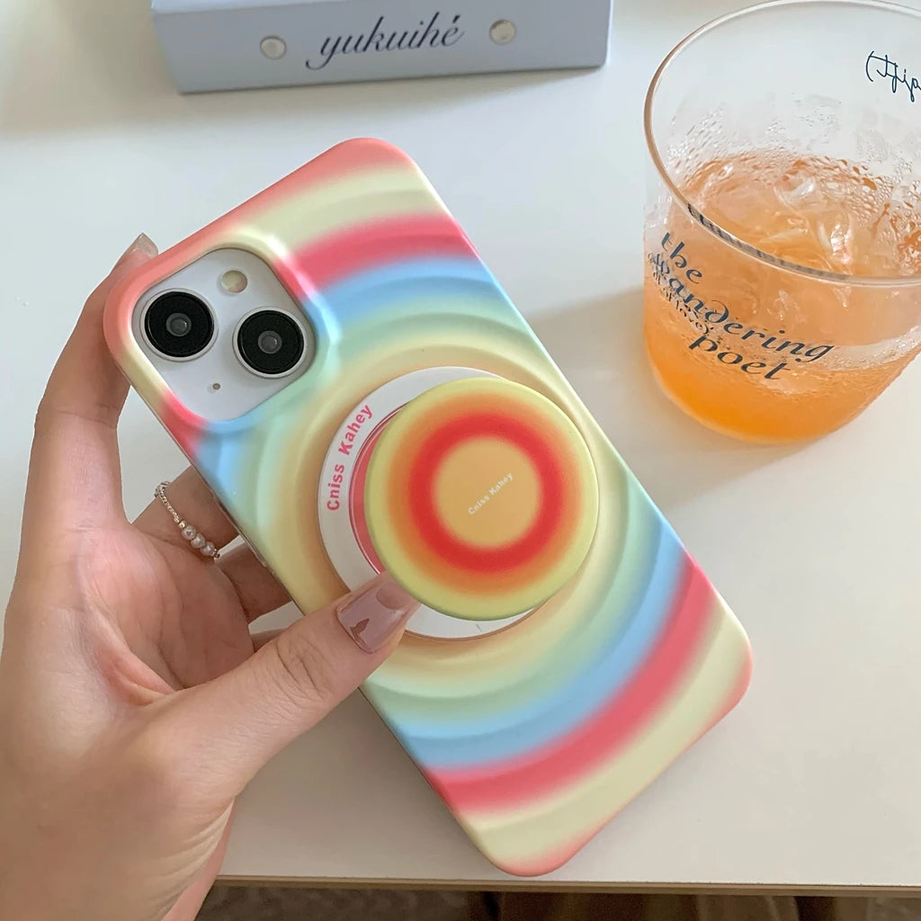 2in1 Rainbow Circle Ripple Pattern Matte With Holder Magnetic Wireless Charging Phone Cover Case For iPhone 15 14 13 12 Pro Max