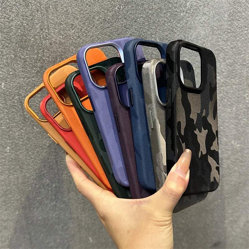 Camouflage Leather Magsafe case for iphone 16 15 14pro 12 13Pro 14pro max Plating Lens Matte Wireless Charging shockproof cover