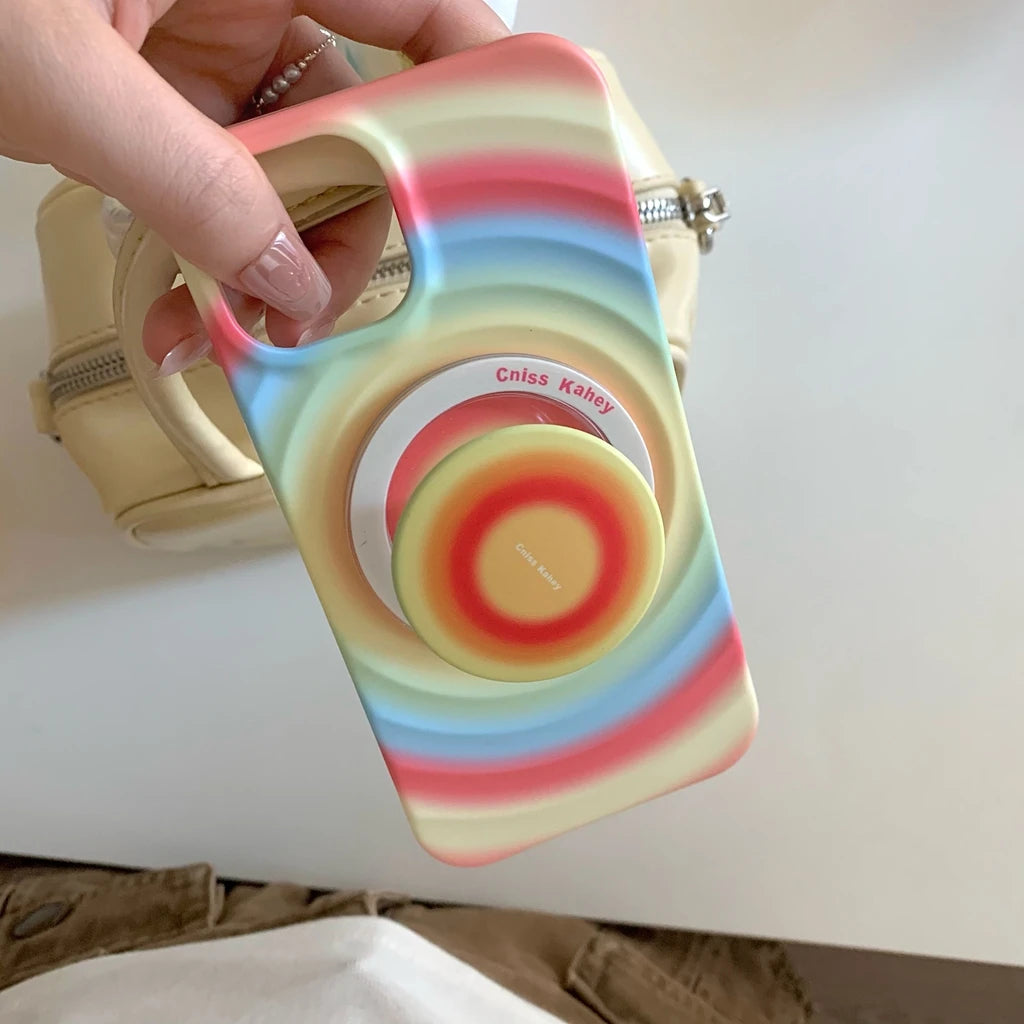 2in1 Rainbow Circle Ripple Pattern Matte With Holder Magnetic Wireless Charging Phone Cover Case For iPhone 15 14 13 12 Pro Max