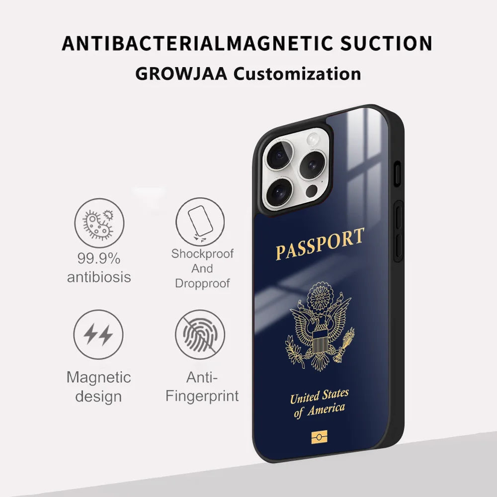 United States passport Pattern Phone Case For iPhone 16 15 14 13 12 11 Pro Max Plus Mini Magsafe Mirror Wireless Magnetic Funda