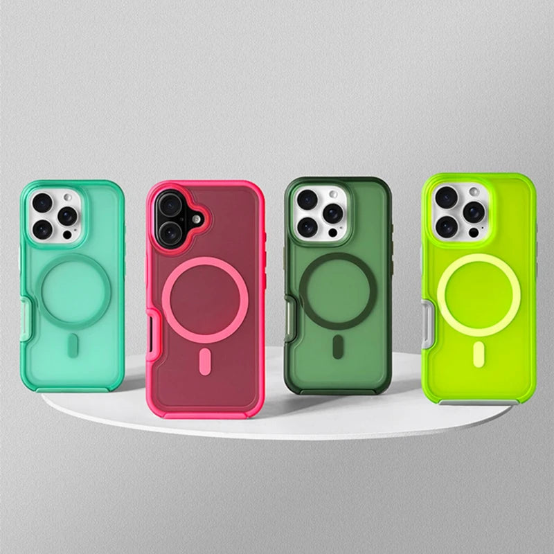 Neon Color Bumper Shockproof MagSafe Phone Case For iPhone 16 16pro max 14 15 Pro 13 11 12 Wireless Charging Frosted Hard Cover