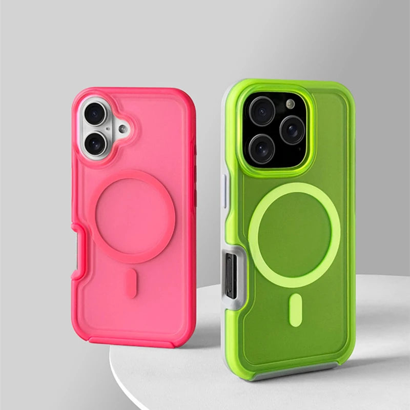 Neon Color Bumper Shockproof MagSafe Phone Case For iPhone 16 16pro max 14 15 Pro 13 11 12 Wireless Charging Frosted Hard Cover