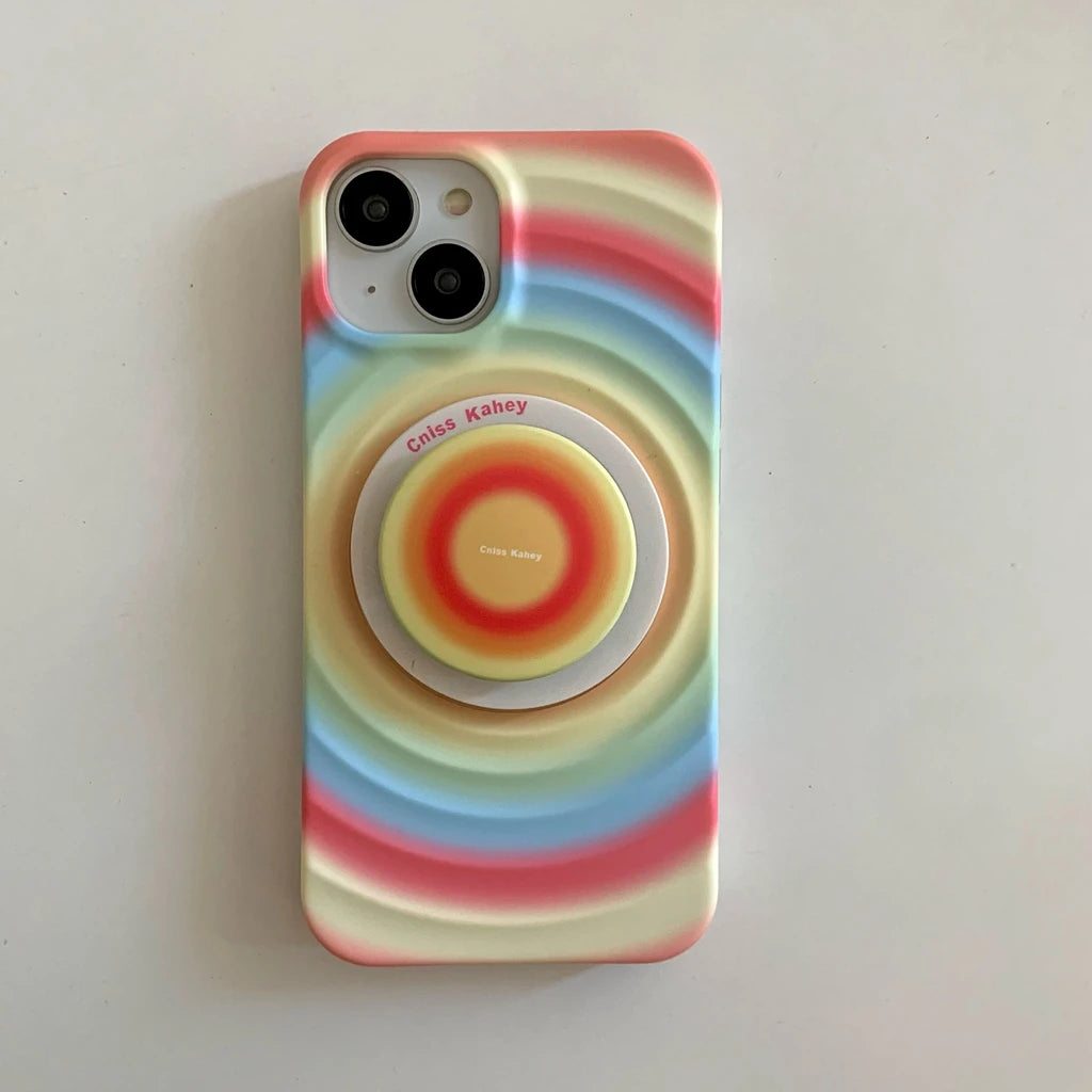 2in1 Rainbow Circle Ripple Pattern Matte With Holder Magnetic Wireless Charging Phone Cover Case For iPhone 15 14 13 12 Pro Max