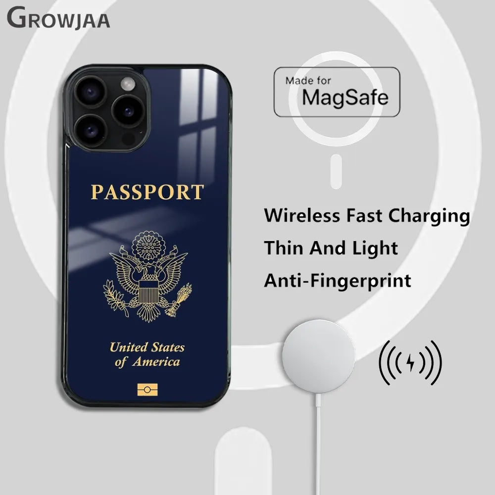 United States passport Pattern Phone Case For iPhone 16 15 14 13 12 11 Pro Max Plus Mini Magsafe Mirror Wireless Magnetic Funda