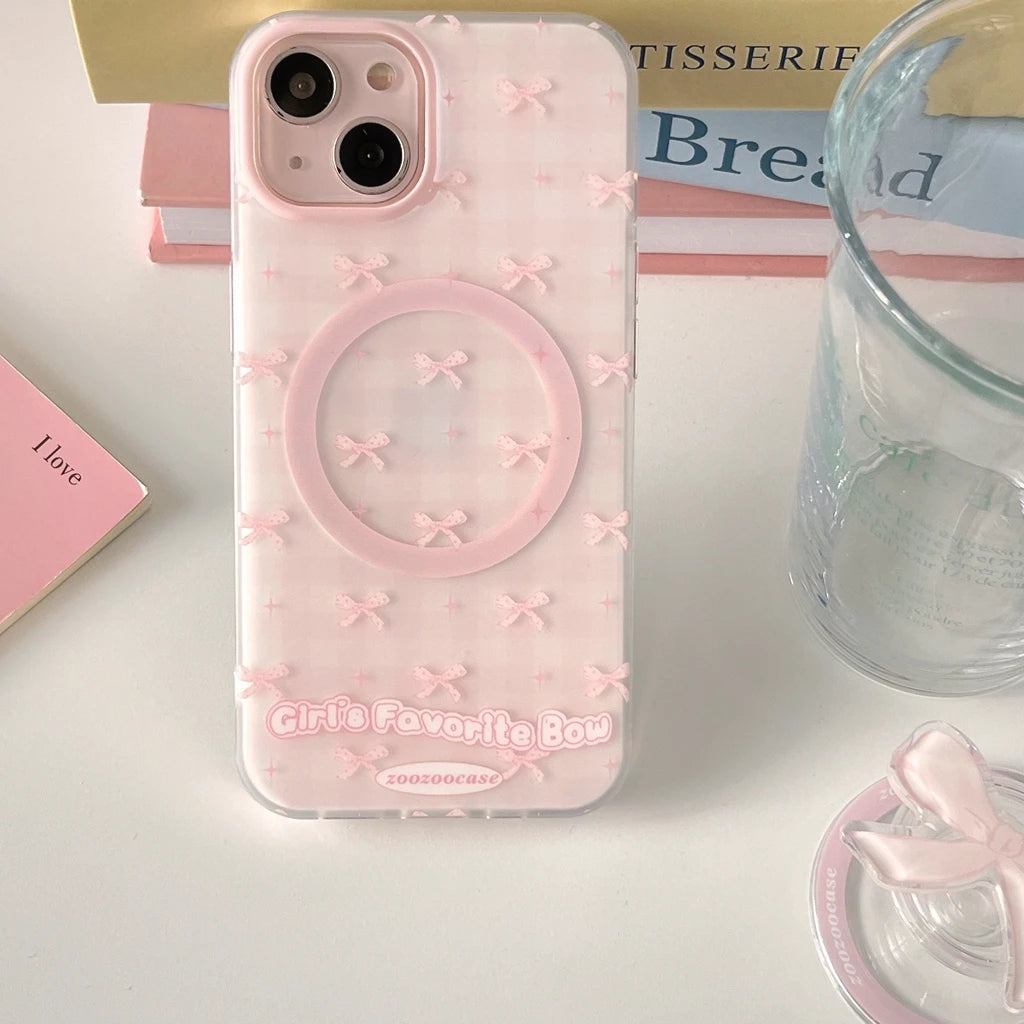 Ins Full Screen Pink Plaid Matte Bowknot Holder Magnetic Wireless Charging Cover Case For iPhone 16 15 14 13 12 Pro Max