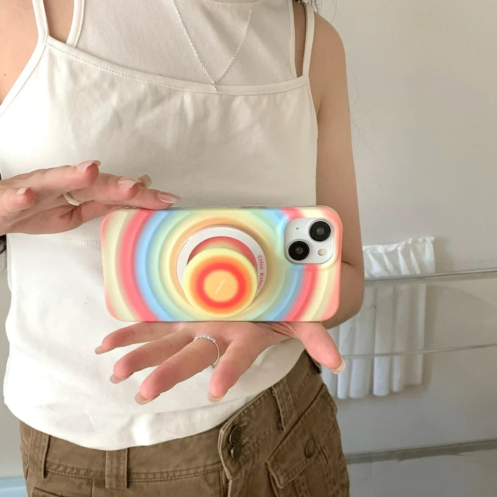 2in1 Rainbow Circle Ripple Pattern Matte With Holder Magnetic Wireless Charging Phone Cover Case For iPhone 15 14 13 12 Pro Max