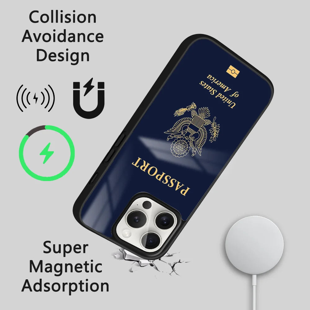 United States passport Pattern Phone Case For iPhone 16 15 14 13 12 11 Pro Max Plus Mini Magsafe Mirror Wireless Magnetic Funda