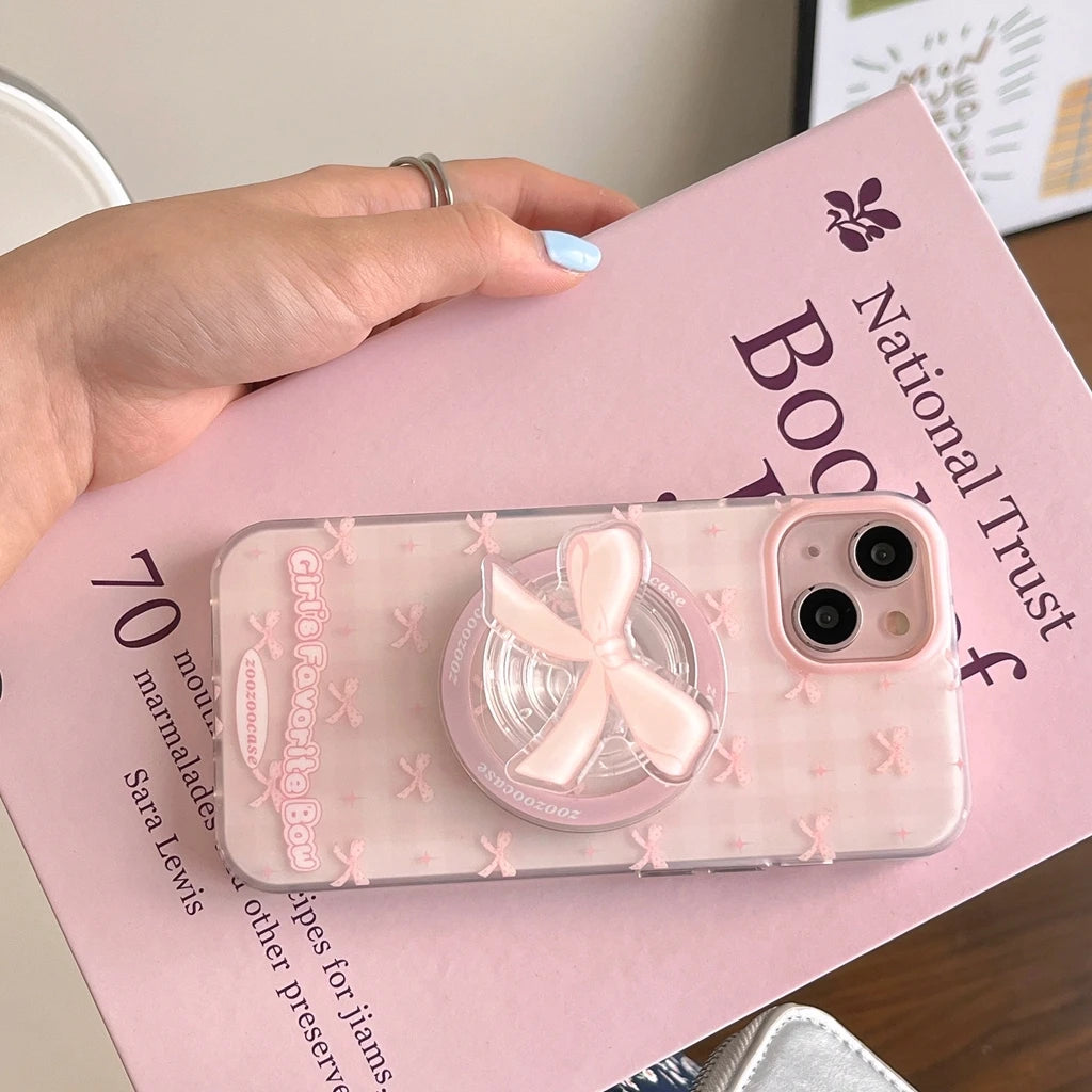 Ins Full Screen Pink Plaid Matte Bowknot Holder Magnetic Wireless Charging Cover Case For iPhone 16 15 14 13 12 Pro Max