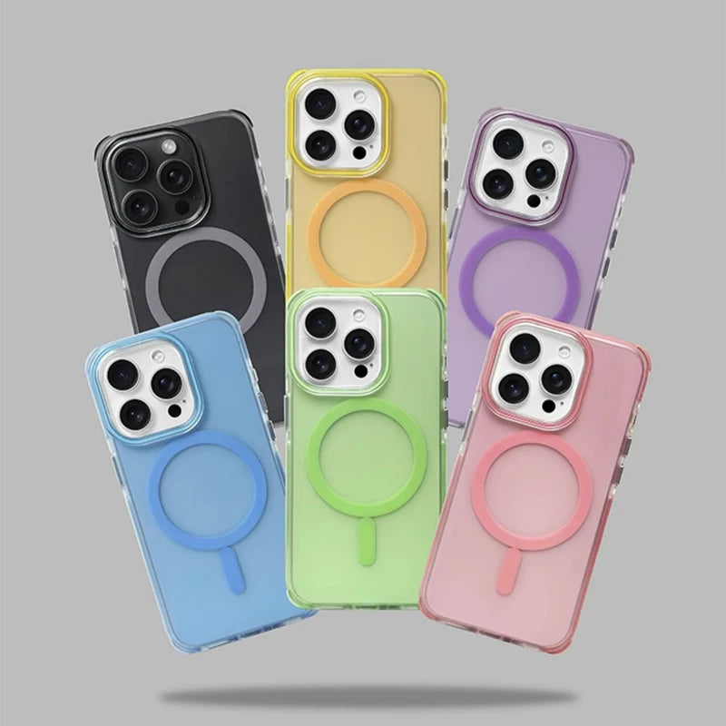 Candy Color Bumper Shockproof MagSafe Phone Case for iPhone 16 15pro max 15 14 16 Pro 13 Wireless Charging Frosted Hard PC Cover